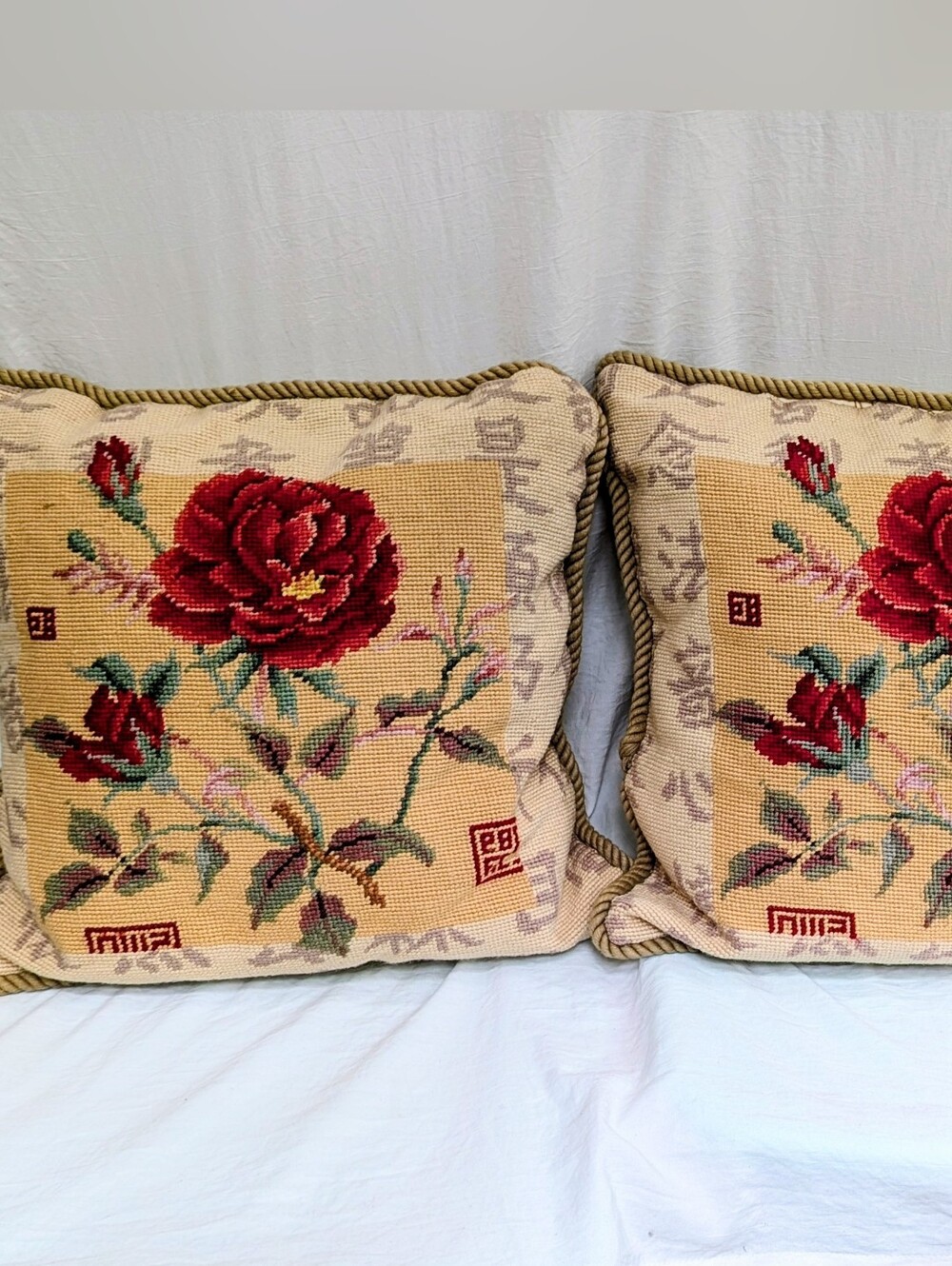 Vintage 123 Creations Needlepoint Pillows Chinoiserie (Set Of 2)